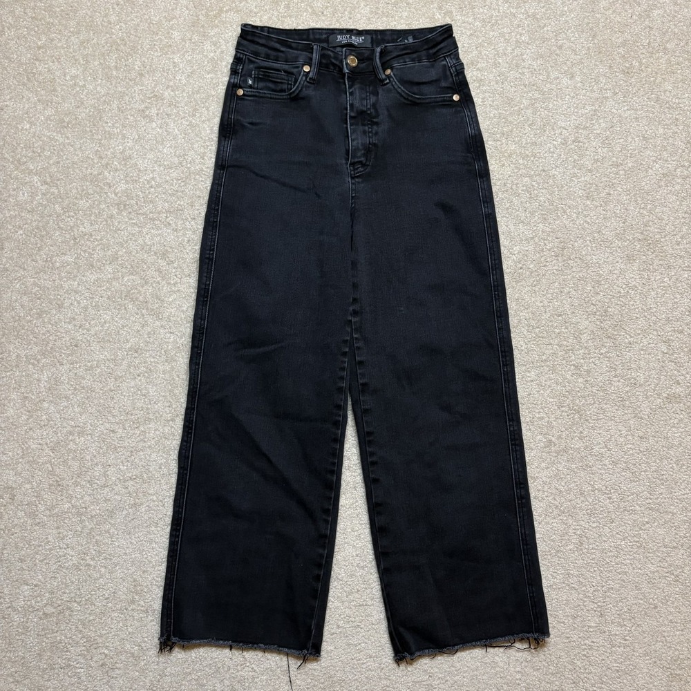 Judy Blue Wide Leg Crop Jeans Womens 3/26 Black High Rise Raw Hem Stretch Denim